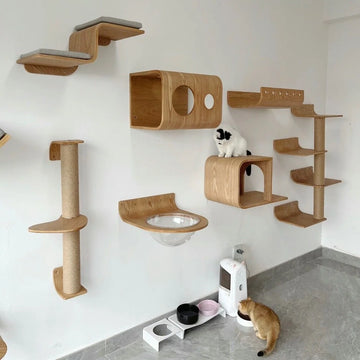 Wall Mounted Cat House Scratching Post Cat Nest Bed Perch Furniture Wood Stairway for Kitten Rest and Cat Grinding Claws