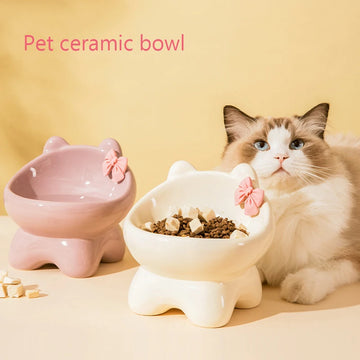 Ceramic Cat Bowl Solid Color Bow High Foot Shockproof Protection Cervical Spine Snack Tray Cat Supplies Cat Food Water Bowl