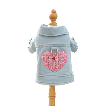 Dog Coat with D-Rings & Heart Embroidery Pet Apparel – Adorable Denim Jacket for Small Breed Puppies & Cats Stylish