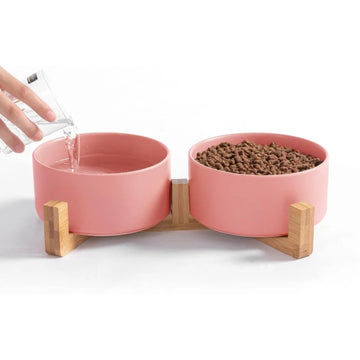 Ceramic Cat Bowls, Food and Water Puppy Bowls Set Dish With Wood Stand, No Spill Pet Ceramic Double Bowl For small Dogs & Cats