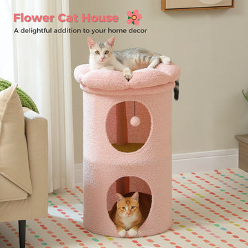 Flower Series Cat Tree Double Super Large Cozy Cat Condo,Luxury Flower Perch and Interactive Dangling Ball Cute Cat Cave Hideawa