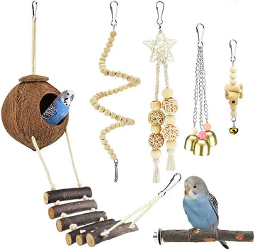 Bird Toy Set Coconut Bird Nest Vine Ball Station Bird Supplies Kits Parrot Bite Toys 6-piece Set