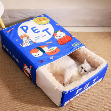 Japanese Style Fully Enclosed Biscuit Box Pet Cat Bed Rectangular Pull Out Snack Kitten Resembling Secure Cat House Cushion Cave