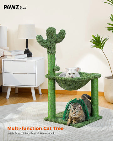 H84CM Small Cactus Cat Tree Tower for Indoor Cozy Hammock Scratching Post Self Groomer for Kitty Durable Stable Large Perch Ball