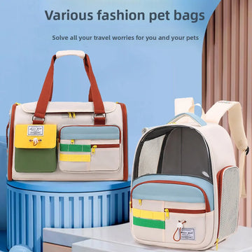 Outdoor Large Capacity Cat Bag, Color Blocked Breathable Foldable, Fashionable Pet Bag, Backpack, Portable Cat Bag