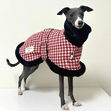 Elegant Adjustable Waistband Red Houndstooth Winter Cotton Coat For Italy Greyhound Windproof Warm Cape Jacket for Whippet Dog