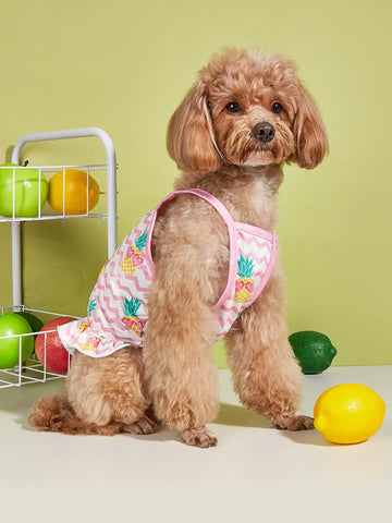 Pet Dress with Pineapple Print & Pink Zigzag Pattern, Ruffled Doggie Outfit, Cute Puppy Clothes, Fashion Small Dog Apparel
