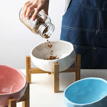 1090ml Cat Ceramic Bowl Small Dogs Elevated Food Water Feeders with Wooden Stand Pet Feeding Drinking Eating Supplies
