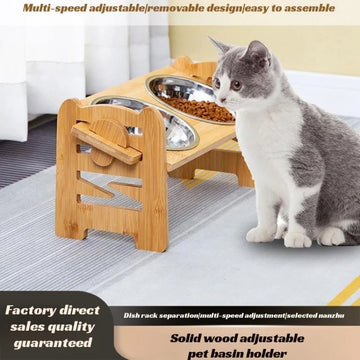 Bamboo Tilted Adjustable Pet Dog Food Double Bowl Stand Cat Meal Rack Feeder Pet Feeding with Stainless Steel Bowl Pet Accessori