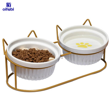 Oitabi Cat Bowls, Double Ceramic Pet Bowls with 15° Tilted Raised Stand for Food and Water, Anti Vomiting Cat Dish Feeder