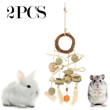 2Pcs Hamster Chew Toys Hanging Natural Wood Small Animal Teeth Grinding Cage Rabbit Chinchilla Guinea Pig Pet Toys