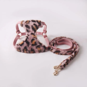 New Arrival Leopard Print Dog Harness & Leash Set - Faux Rabbit Fur Pet Harness Pet Leash with Dual Buckles Safety