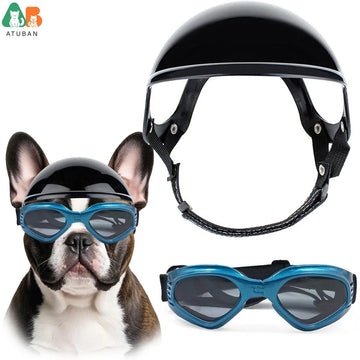ATUBAN Dog Helmet and Sunglasses Set for Small to Medium Dogs, Foldable Pet Goggles Eyewear with Adjustable Elastic Strap,Blue