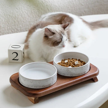 Vintage Embossed Ceramic Pet Bowls with Solid Acacia Wood Stand – Non-Slip Dual Food and Water Dish Set for Cats and Small Dogs