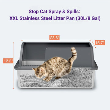 Stainless Steel Cat Litter Box with Steps 30L Jumbo Size High Sides Leak Proof Easy Clean for Large Cats Multi-Cat Homes