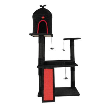 53" Gothic Cat Tree with Coffin Bed, Large Cat Tower with Spacious Cat Condo, Scratching Posts, Spider Hanging Toys, Scratching