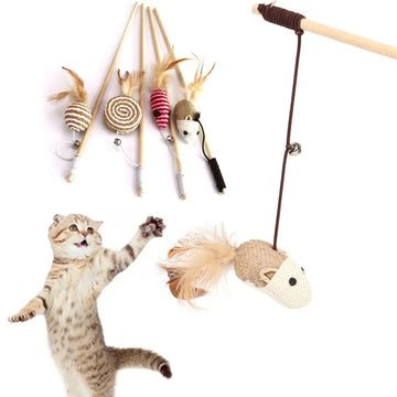 1PC Teaser Feather Toys Kitten Funny Colorful Rod Cat Wand Toys Wood Pet Cat Toys Interactive Stick Pet Cat Supplies