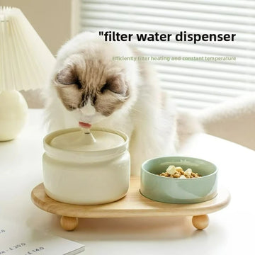 Cat Ceramic Automatic Circulation Filter Water Dispenser Silent Dog Live Water Feeder Double Bowl with Tray Set Pet Supplies