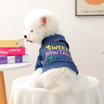 Dog Cat Denim Jacket for Small Dogs Puppies Happy Apparel Cozy Winter Clothes with Letter Print