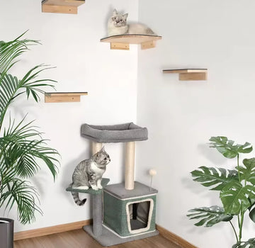 Wooden Cat Tree Tower Wall Mounted Cat Climbing Shelves Hammock Stairs House Cats Walk Playground Pet Furniture Accessories