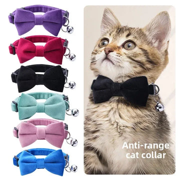 Soft Velvet Bow Tie Cat Collar with Bell Adjustable Safety Buckle Solid Color for Dogs Cats Puppy Chihuahua Pets Accessories