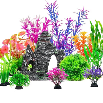 8/12/13PCS Complete Aquarium Decor Set - Plastic Plants & Resin Rock Caves Kit for Fish Tank, non-poisonous Aquascape Ornaments