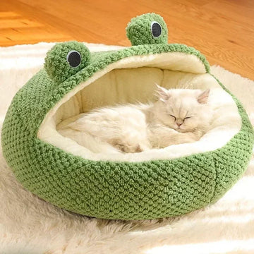 Plush Cat House Full Half Wrap Warm Green Cat Beds Nesting Basket Frog Shape Cartoon Kennel Beds Pet Accessories