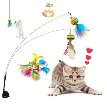 Cat Toys Interactive Funny Cat Feather Wand Suction Cup Ball Feathers Replacements with Bells for Indoor Cats Kitten Exercise
