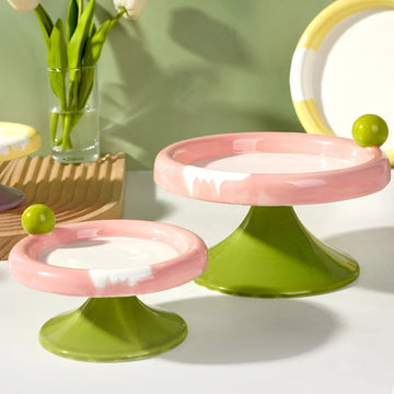 Creative Cartoon Ice Cream Color Ceramic Cat Dog Bowl Neck Protection Anti Overturning High Foot Snack Plate Large Capacity, 1Pc