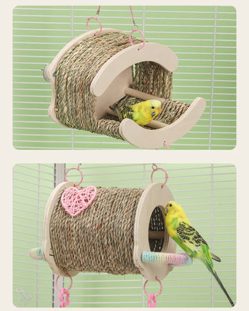 Bird House Tent with Hammock Swing Bird Nest Grass Bird Hut Parrot Tunnel Hideout Pet Cage Accessory for Parrots and Hamsters