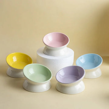 Tilted Elevated Ceramic Pet Bowl for Cats and Small Dogs – Anti-Slip Raised Feeding Dish for Food and Water with Pastel Color