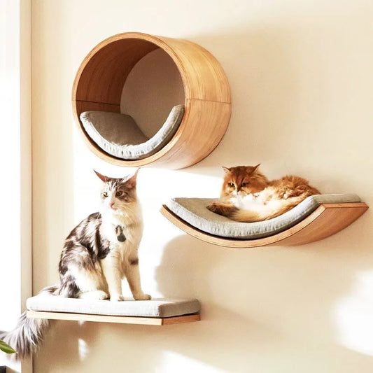 Wall Mounted Cat House Scratching Post Cat Nest Bed Perch Furniture Wood Stairway for Kitten Rest and Cat Grinding Claws