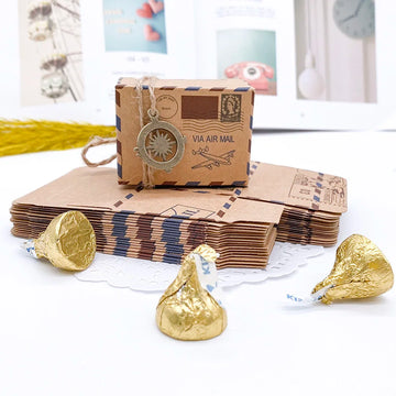 50 Pcs Vintage Favors Candy Box Kraft Paper Travel Theme Airplane Air Mail Boxes With Compass Hanging Wedding Party Souvenirs