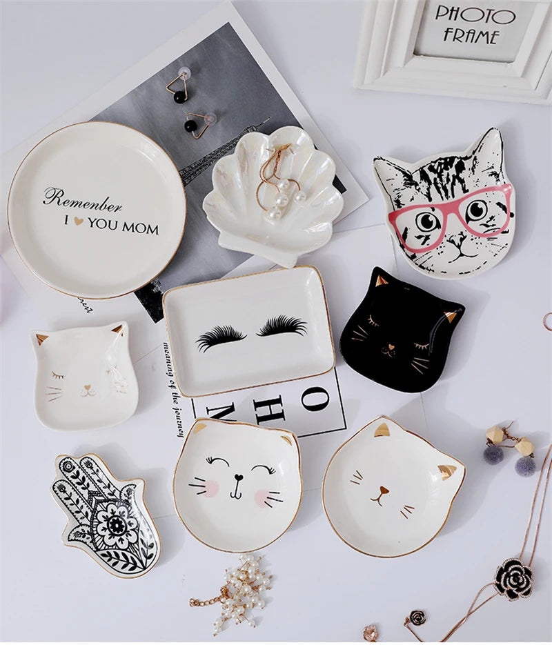 Creative Ceramic Jewelry Dish Trinket Dish Small Jewelry Tray Decorative Plate Cat Shell Eyelashes Hand Plates Decoration Crafts