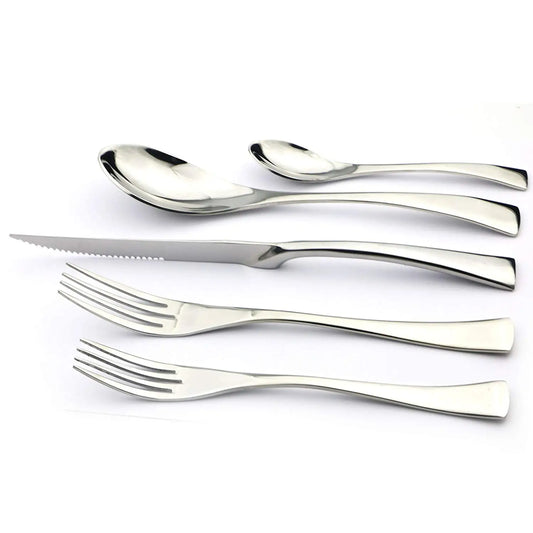 5/20Pcs Silver Flatware Set 18/10 Stainless Steel Gold Dinnerware Serrated Knife Fork Spoon Cutlery Food Tableware Dropship