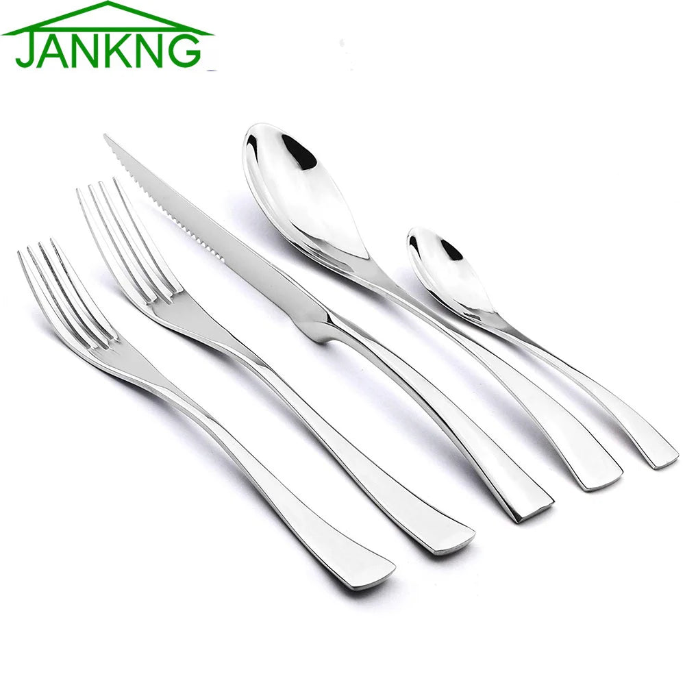 5/20Pcs Silver Flatware Set 18/10 Stainless Steel Gold Dinnerware Serrated Knife Fork Spoon Cutlery Food Tableware Dropship
