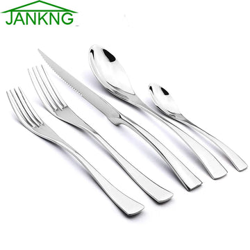 5/20Pcs Silver Flatware Set 18/10 Stainless Steel Gold Dinnerware Serrated Knife Fork Spoon Cutlery Food Tableware Dropship