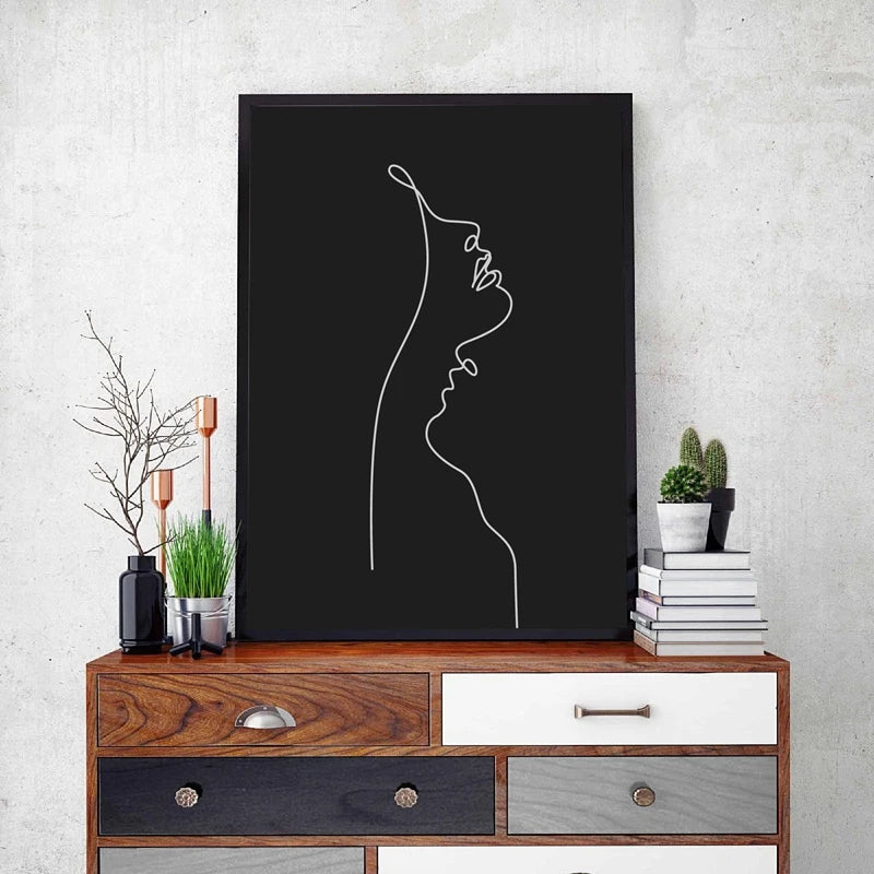 Abstract Woman Face One Line Drawing Painting Black and White Minimalist Wall Art Picture Modern Poster Home Room Wall Decor