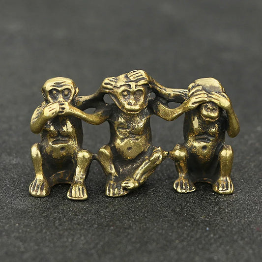 Mini Cute Retro Brass 3-Monkeys No Speak Listen Look Statue Animal Sculpture Home Office Desk Decorative Ornament Funny Gift