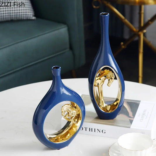 Ceramic Golden Horse Hollow Vase Ceramic Flower Arrangement Accessories Golden Creative Flower Vase Modern Home Decoration