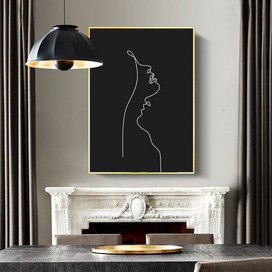Abstract Woman Face One Line Drawing Painting Black and White Minimalist Wall Art Picture Modern Poster Home Room Wall Decor