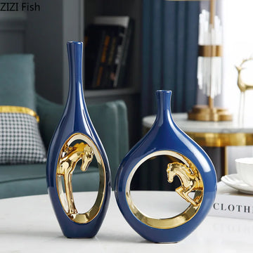 Ceramic Golden Horse Hollow Vase Ceramic Flower Arrangement Accessories Golden Creative Flower Vase Modern Home Decoration
