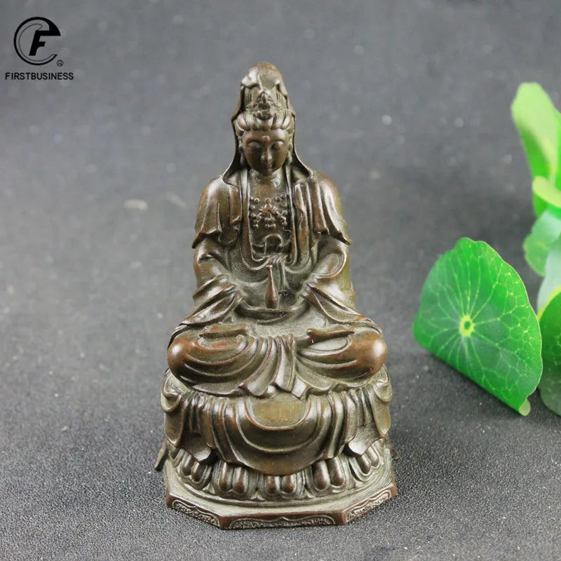 Retro Copper Guanyin Buddha Statue Home Decoration Brass Sculpture Retro Living Room Office Desk Ornament Miniatures Figurines