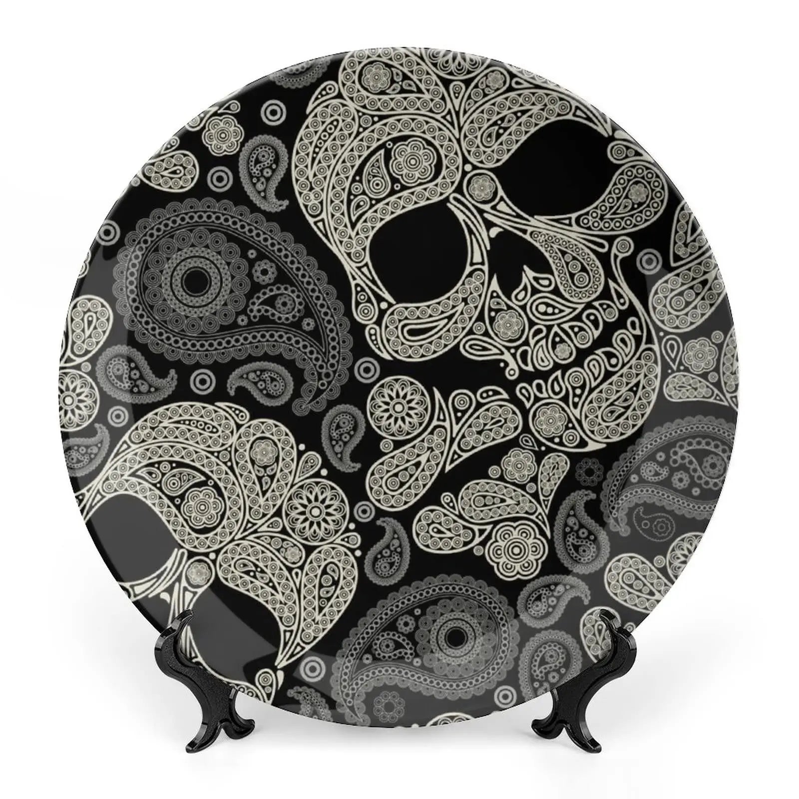 Black and White Skulls Ceramic Bone China Decorative Plate with Stand Home Wobble-Plate Dessert Plates Household Plate Gift