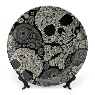 Black and White Skulls Ceramic Bone China Decorative Plate with Stand Home Wobble-Plate Dessert Plates Household Plate Gift