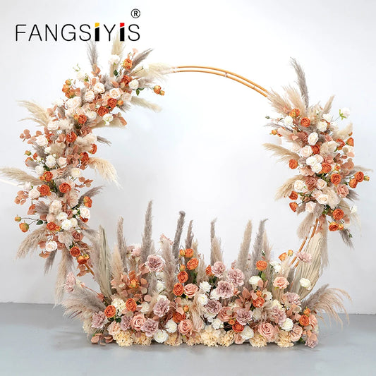 Natural Dried Pampas Reed Grass Flower Arrangement Orange Rose Peony Hang Flower Row Wedding Arch Deco Party Floor Floral Layout
