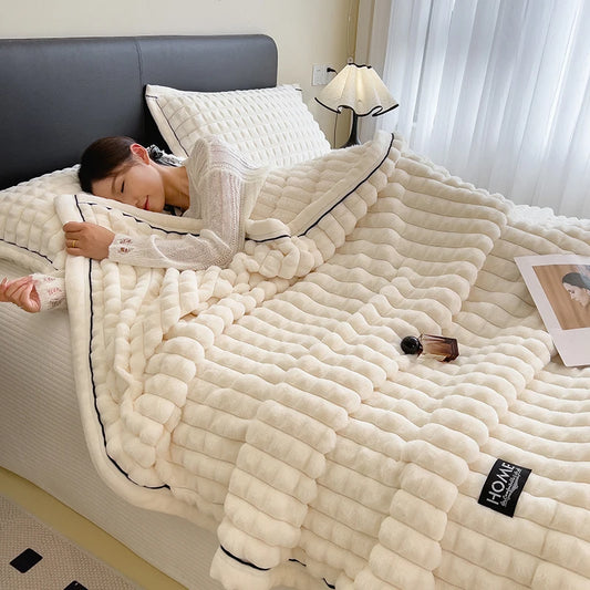 Luxury Double Layer Faux Rabbit Fur Throw Blanket Soft Warm White Striped Office Nap Sofa Blankets Queen Double Fluffy Bed Plaid