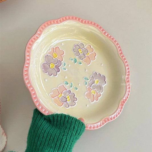 Hand-painted Relief Ceramic Plates Tulips Lovely Girls Household High-end Beautiful Tableware Platos Decorativos Mesa