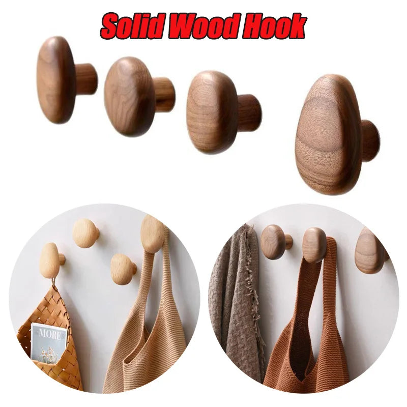 Simple Solid Wood Hook Wall Mounted Coat Hook Natural Wood Decorative Key Holder Hat Scarf Handbag Storage Hanger Bathroom Rack