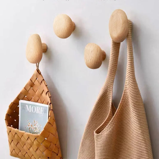 Simple Solid Wood Hook Wall Mounted Coat Hook Natural Wood Decorative Key Holder Hat Scarf Handbag Storage Hanger Bathroom Rack